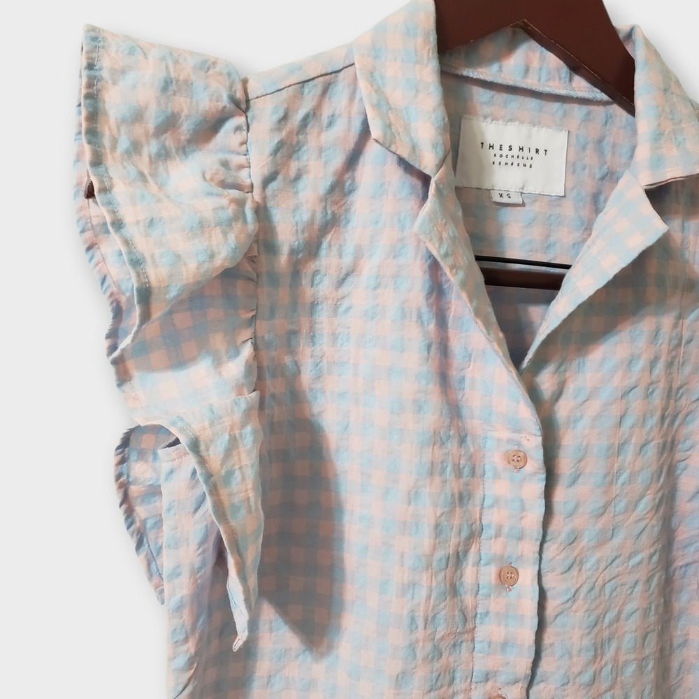 The Shirt Rochelle Behrens Drop Waist Peplum Dress Crinkled Gingham Pink Blue XS - Picture 3 of 11